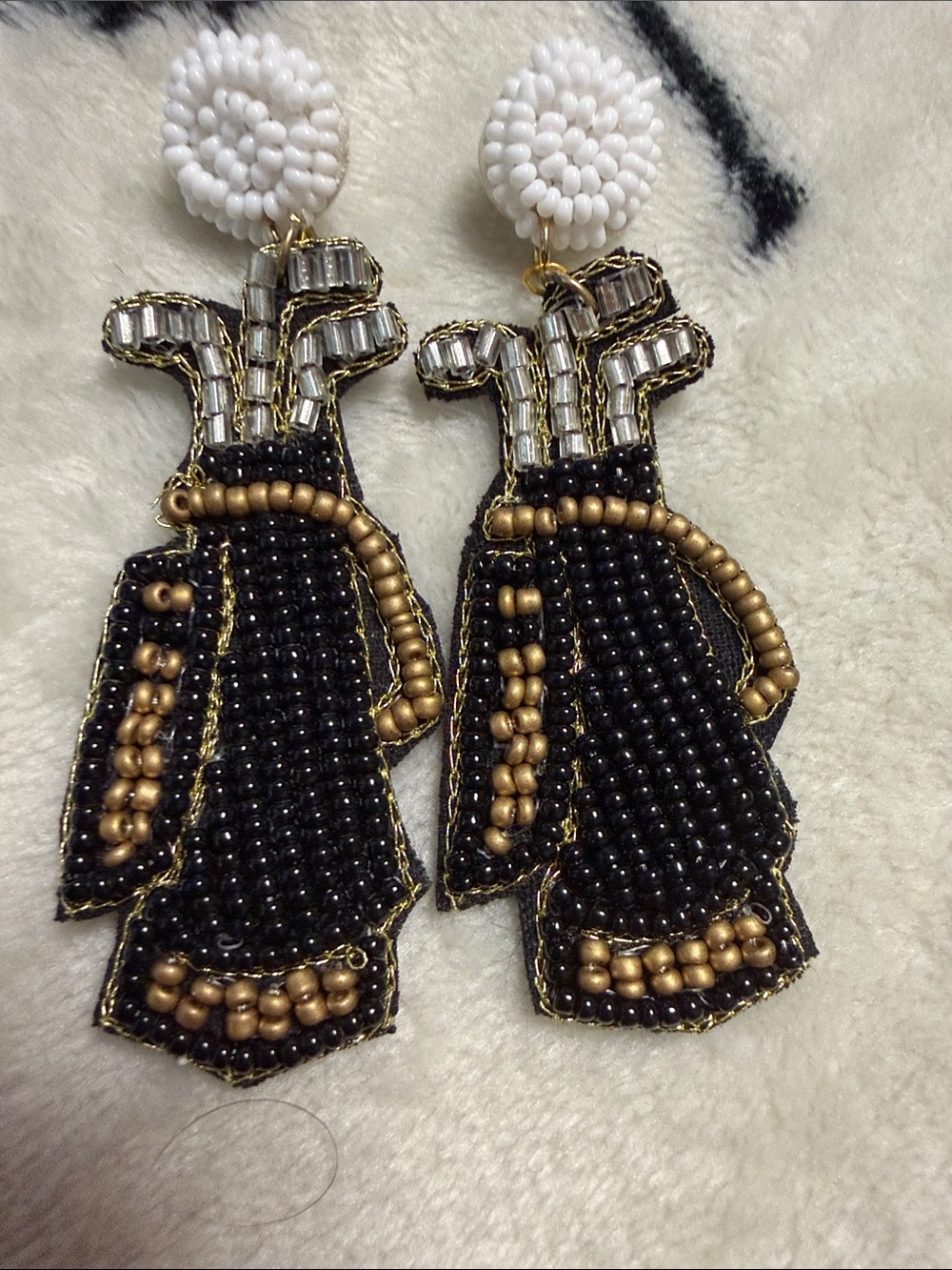 Beaded Black and Gold Golf Bag Drop Earrings